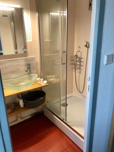 Salle d'eau de Bruyère : cabine de douche vitrée, vasque en pierre posée sur un meuble, sol rouge.
